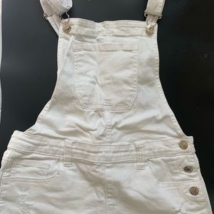 White Distressed Overall Jean Shorts